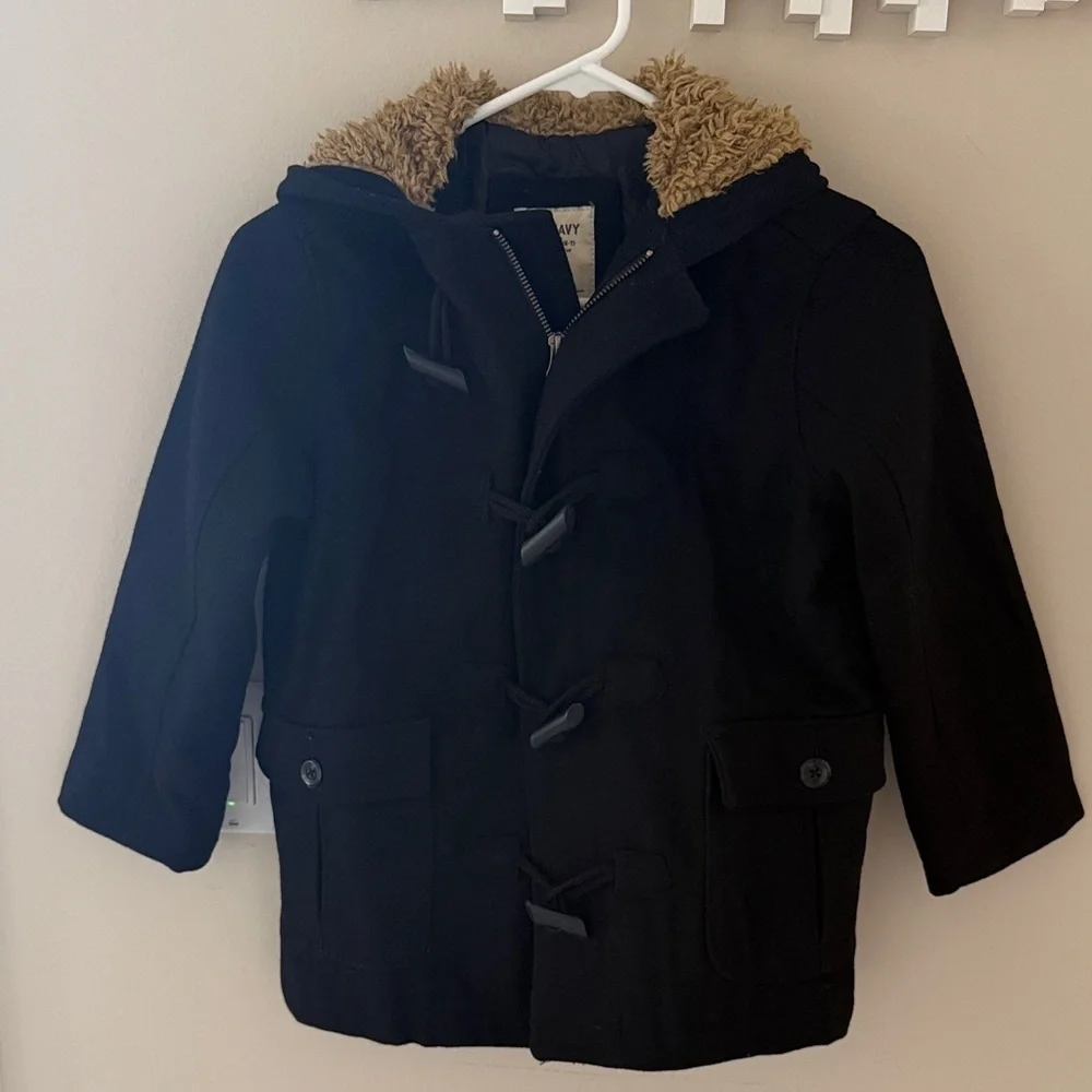 Old Navy Boys Wool Blend Toggle Duffle Coat Black Sherpa Hood Small 6-7 Lined